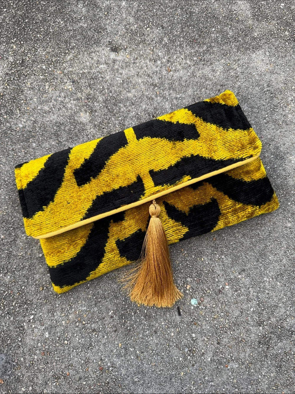 Mila x Miro by Emelie Yellow and Black Tiger-Print Tassel Foldover Clutch